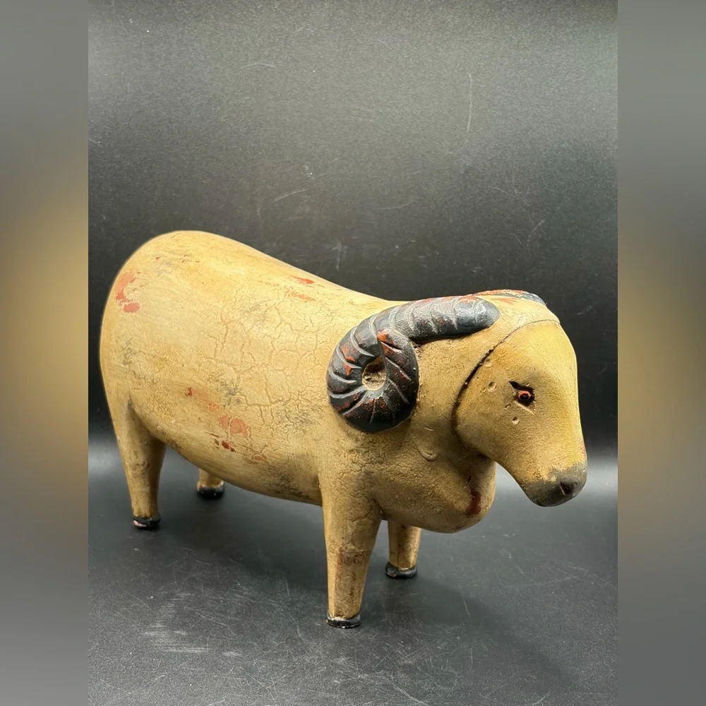 Vintage Hand Painted Carved Wood Sheep Ram Figure Sculpture Folk Art Collectible